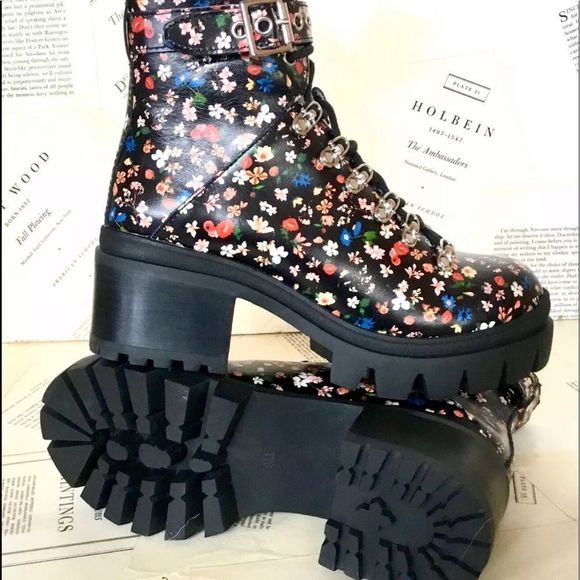 Jeffrey Campbell Combat Boot Black Floral Leather - Picture 3 of 7